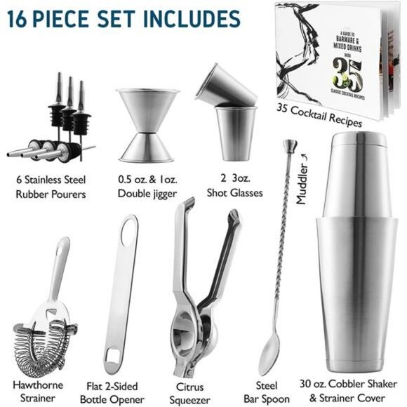 16 Piece Cocktail Shaker Bartender Kit Bar Tools Set with Jigger Pourers - Picture 3 of 7